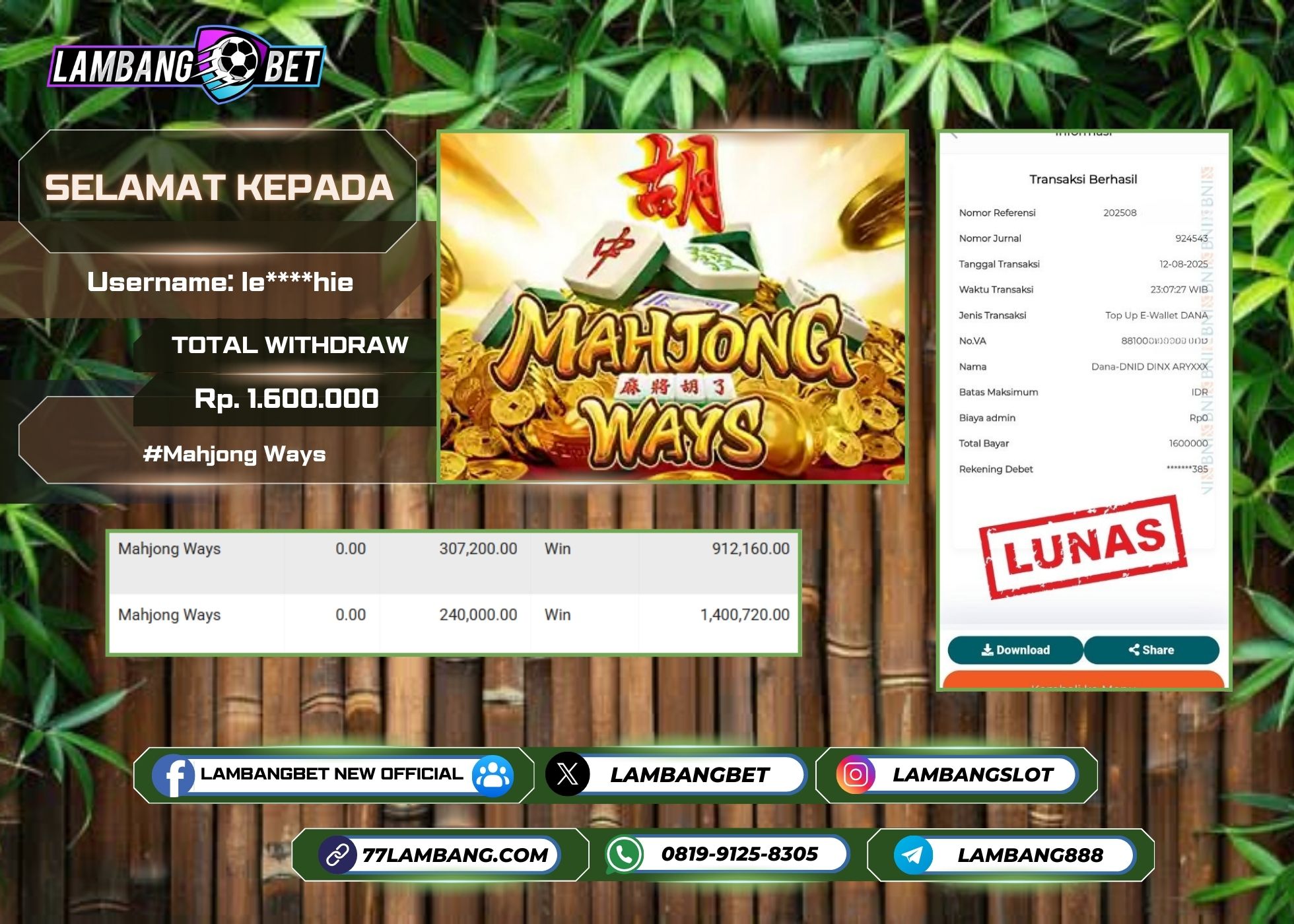 LAMBANGBET [12 AUGUST 2025] JACKPOT SLOT Mahjong Ways "Rp1.600.000" LUNAS